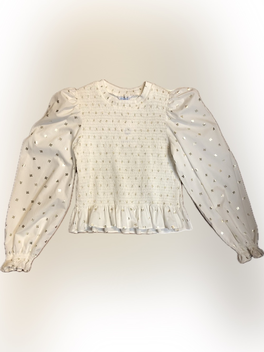 Mayoral Cream Smocked Top with Sheer Puff Sleeves and Gold Dots